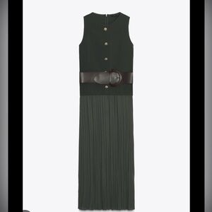 Zara Dark Olive Green Sleeveless Pleated Maxi Dress with Brown Belt